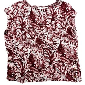 Rachel Zoe 100% Linen Top Burgundy Floral Parrot Print Wood Button Detail Blouse
